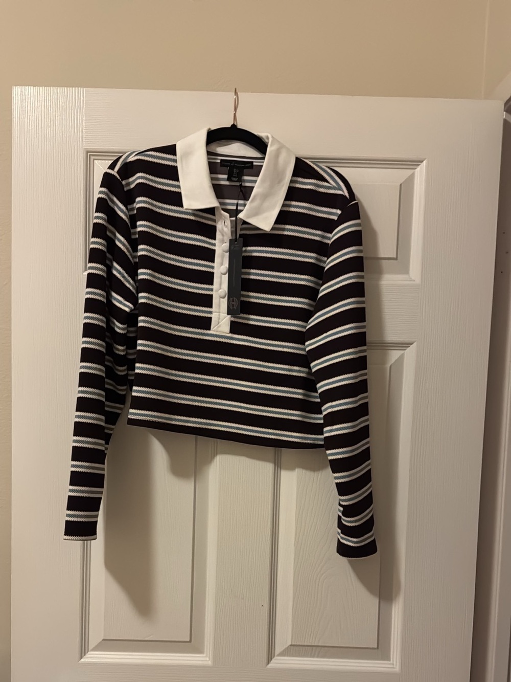 House of Harlow 1960 Striped Long Sleeve Polo Top Brown Blue L NWT